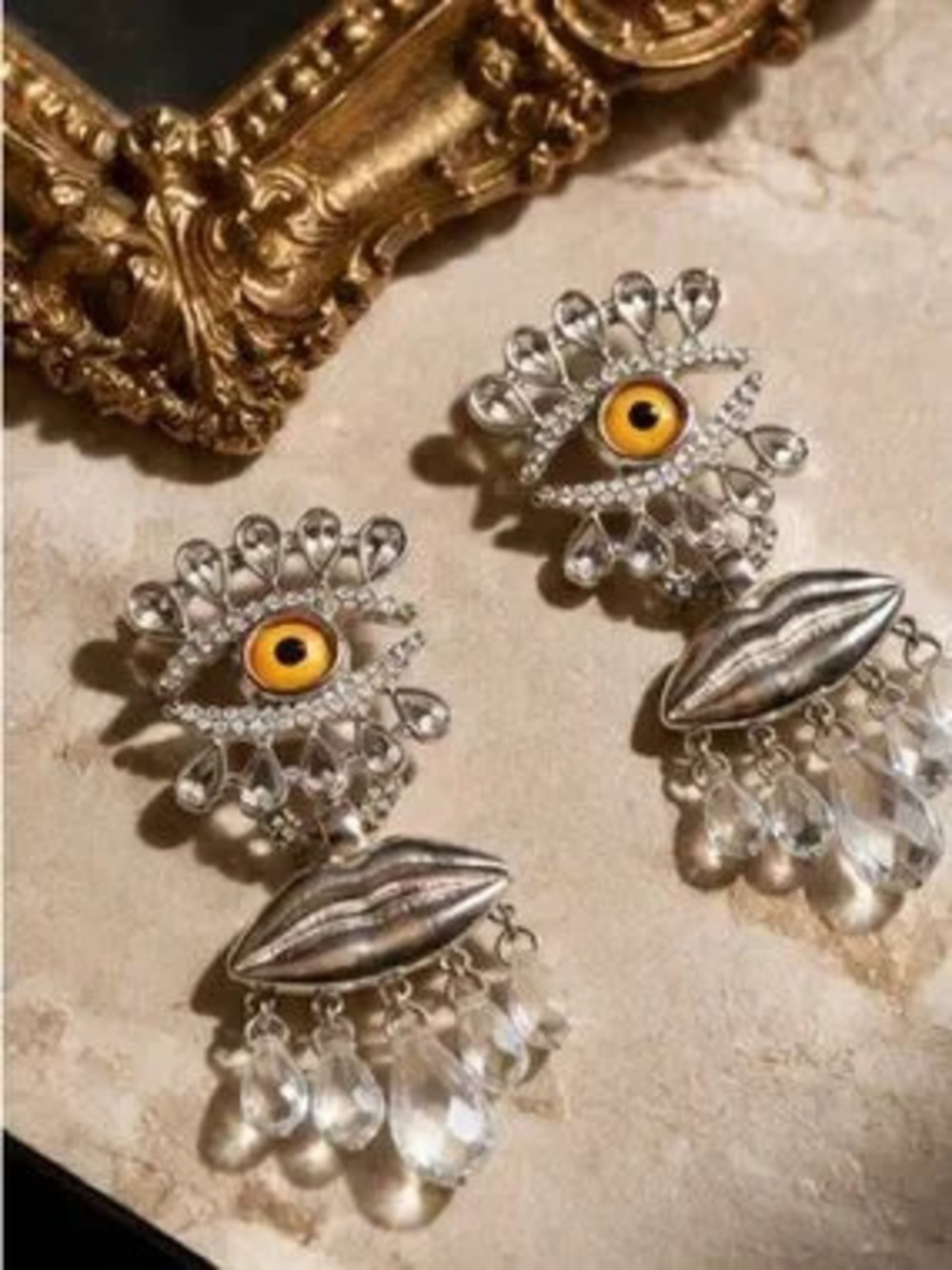 Surreal Eye & Sculpted Lips Crystal Earrings